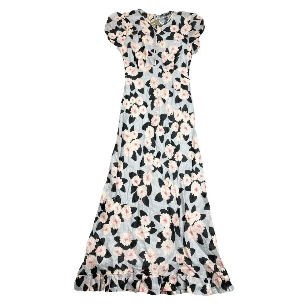 J Crew Ramie Midi Dress Womens 2 Pink Ruffle Hem Poppy Floral V Neck CT303